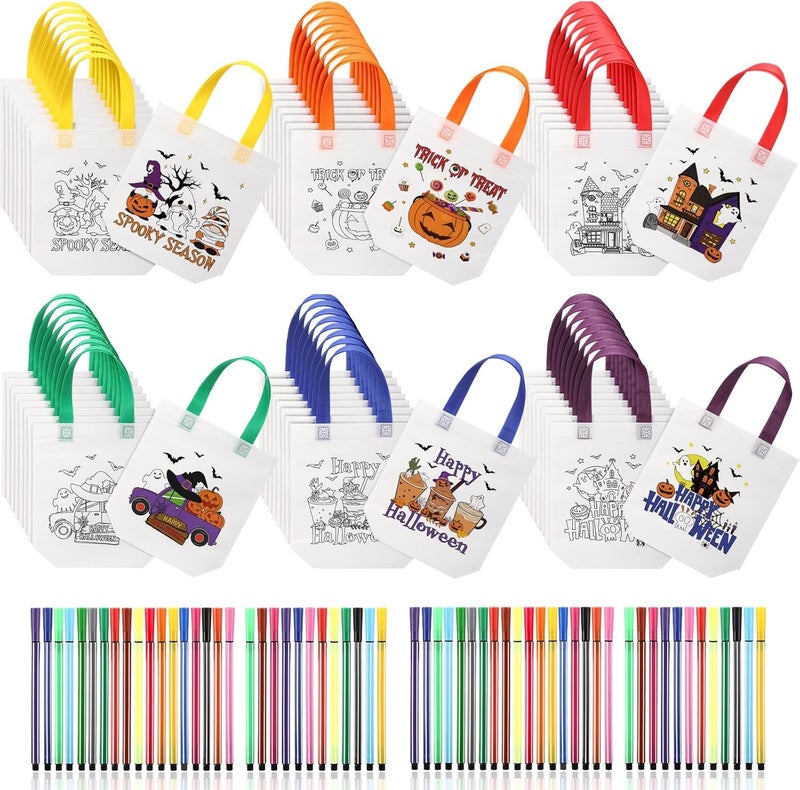 Vincreem 54 Pcs Halloween Coloring Goodie Bags with 60 Pcs Colorful Markers Non Woven Coloring Ghost Pumpkin Color Your Own Reusable Party Favor Bags for Holiday DIY Painting, 6 Styles - Image 1